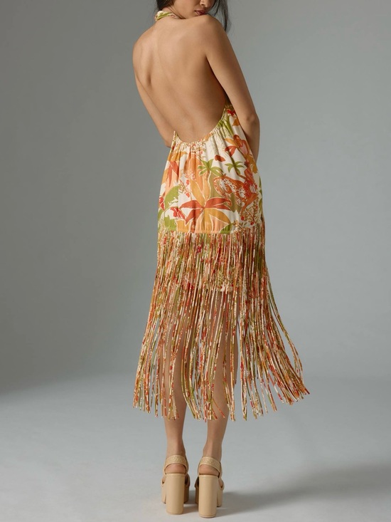 FARM Rio Dresses & Skirts - Farm Rio Tropical Fringe Halter Open Back Midi Dress Resort Vacation Size L